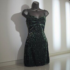 Zara Green Velour Sequined Stretch Sz Medium Mini Coctail Party Club Dress